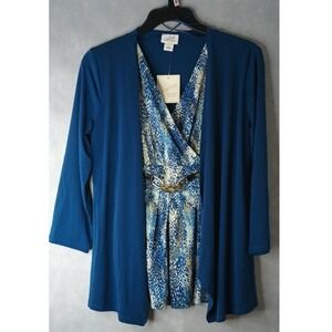 Jaclyn Smith garment is a one-piece, mock-layered top Teal-Blue W/Multi Color